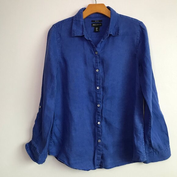 Jones NY Linen Shirt Royal Blue Button Front Womens S - Picture 1 of 9